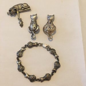 Vintage Jezlaine Sterling Lot Cat Bracelet Brooch